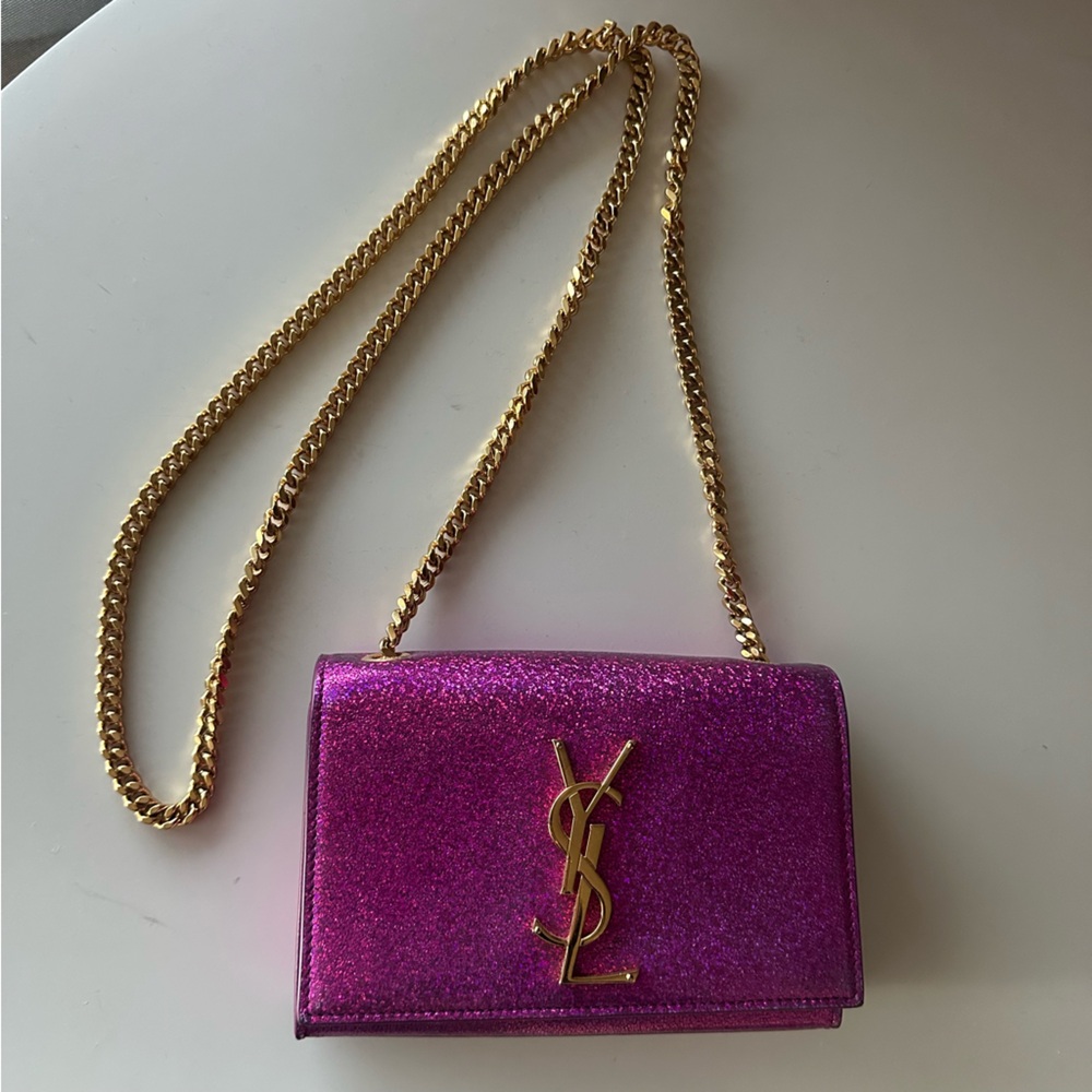 Yves Saint Laurent Kate Fuchsia Glitter Crossbody with Gold Chain